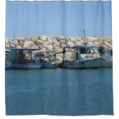 魚釣り地中海のボーツインブルーシーデザイン シャワーカーテン (正面)