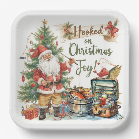 魚釣り好きの魚釣りクリスマス ペーパープレート (正面)