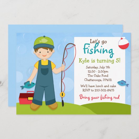 魚釣り子供の誕生日パーティの招待状 招待状 (正面/裏面)