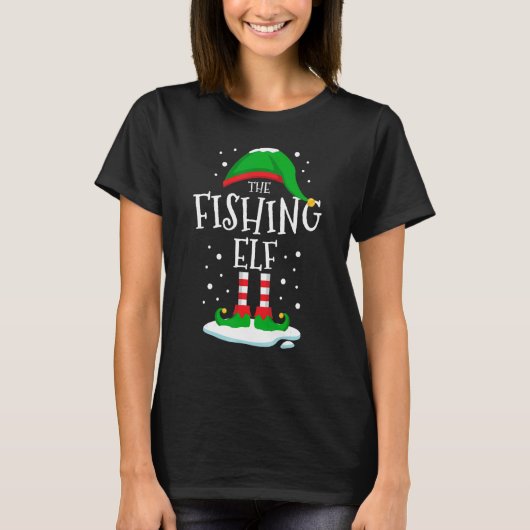 魚釣り小妖精や小人クリスマスファミリーマッチングクリスマスFis Tシャツ (正面)