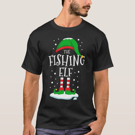 魚釣り小妖精や小人クリスマスファミリーマッチングクリスマスFis Tシャツ (正面)
