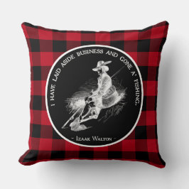 魚釣り引用文ブラックアンドレッドバッファロープレイド クッション