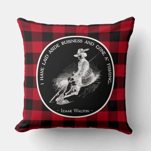魚釣り引用文ブラックアンドレッドバッファロープレイド クッション (正面)