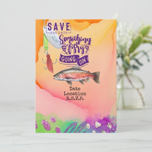 魚釣り愛好家の誕生日とフィッシュフックの水色 招待状 (スタンド正面)