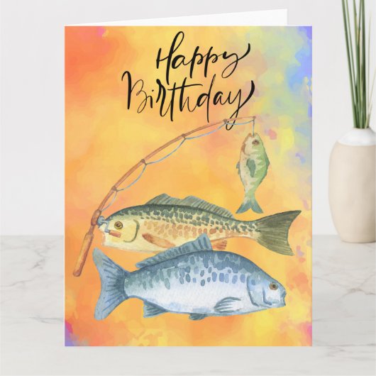 魚釣り愛好家の誕生日と魚の水色 カード (正面)