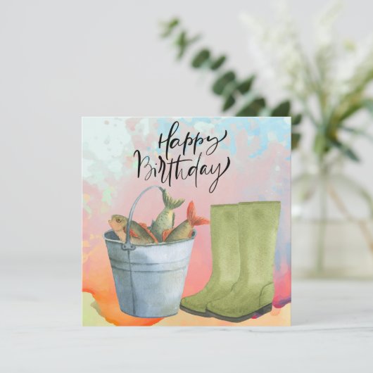 魚釣り愛好家の誕生日と魚の水色 カード (スタンド正面)