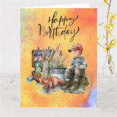 魚釣り愛好家の誕生日と魚の水色 カード (黄色い花)