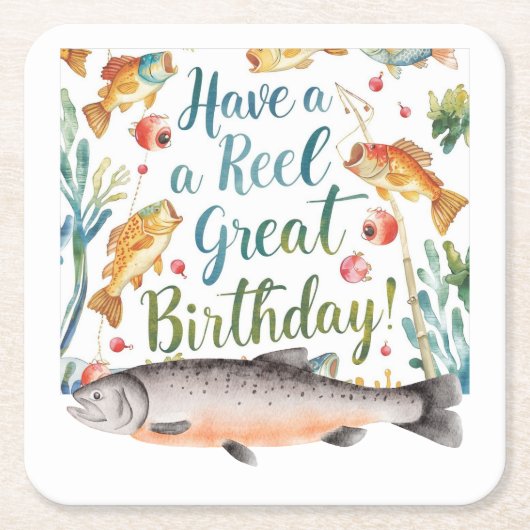 魚釣り愛好家の誕生日をテーマ スクエアペーパーコースター (正面)