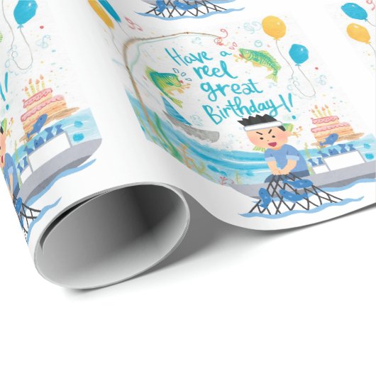 魚釣り愛好家の誕生日をテーマ ラッピングペーパー (ロールコーナー)