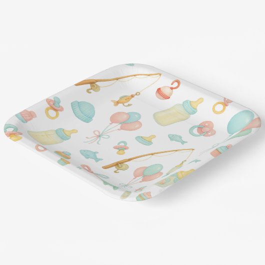 魚釣り愛好家をテーマにした魚釣りロッドのベビーシャワー ペーパープレート (傾斜あり)