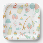 魚釣り愛好家をテーマにした魚釣りロッドのベビーシャワー ペーパープレート (正面)