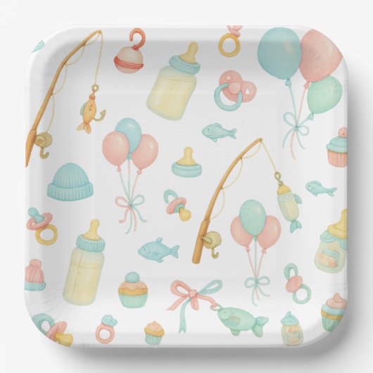 魚釣り愛好家をテーマにした魚釣りロッドのベビーシャワー ペーパープレート (正面)