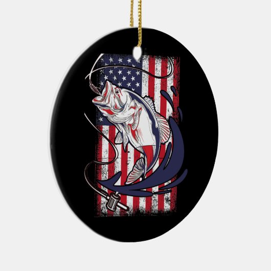 魚釣り愛好家アメリカ国旗のおもしろいヴィンテージ セラミックオーナメント (右)