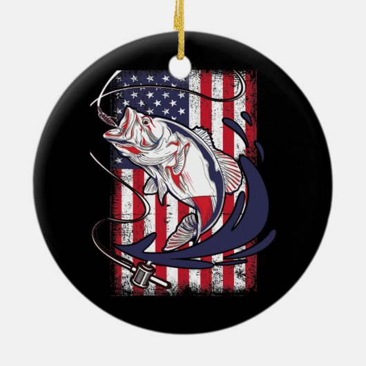 魚釣り愛好家アメリカ国旗のおもしろいヴィンテージ セラミックオーナメント (裏面)