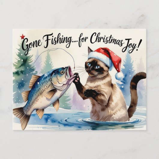 魚釣り愛好家クリスマステーマの猫好き シーズンポストカード (正面)