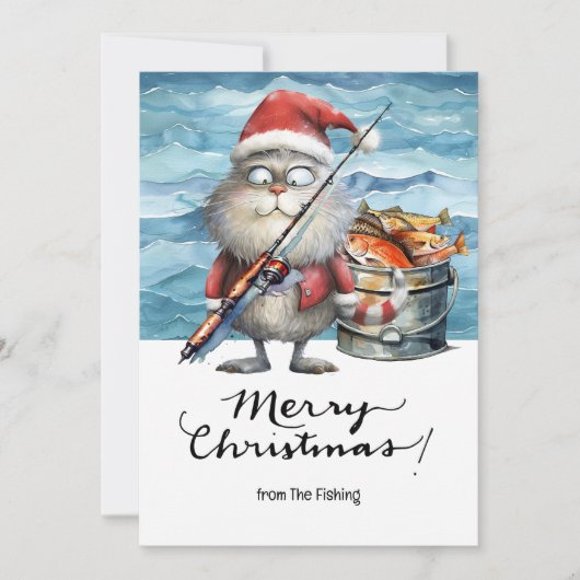 魚釣り愛好家クリスマスホリデーウィズサンタキャット シーズンカード (正面)