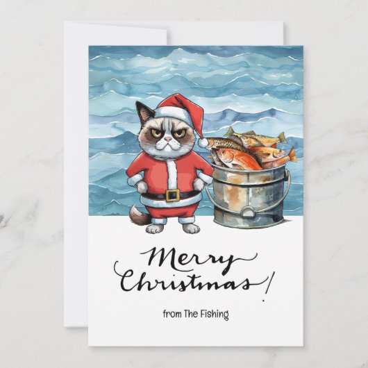 魚釣り愛好家クリスマスホリデーウィズサンタキャット シーズンカード (正面)