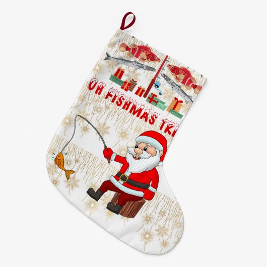 魚釣り愛好家クリスマスwithサンタクロース ラージクリスマスストッキング (正面 (吊り時))