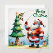 魚釣り愛好家サンタクロースをテーマにしたクリスマス シーズンカード (正面/裏面)