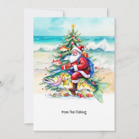 魚釣り愛好家サンタフィッシュとクリスマスホリデー シーズンカード (正面)