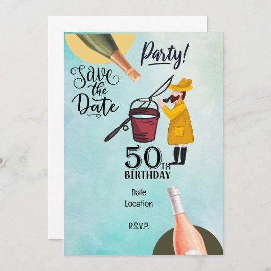 魚釣り愛好家50誕生日 招待状 (正面/裏面)