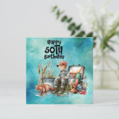魚釣り愛好家50th誕生日フィッシュ水色 カード (スタンド正面)