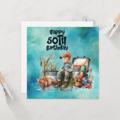 魚釣り愛好家50th誕生日フィッシュ水色 カード (正面/裏面インサイチュ)