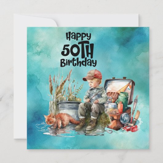魚釣り愛好家50th誕生日フィッシュ水色 カード (正面)