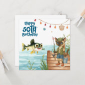 魚釣り愛好家50th誕生日フィッシュ水色 カード (正面/裏面インサイチュ)