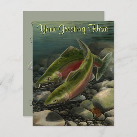 魚釣り招待状パーソナライズされたサーモンアートRSVP 出欠カード (正面/裏面)