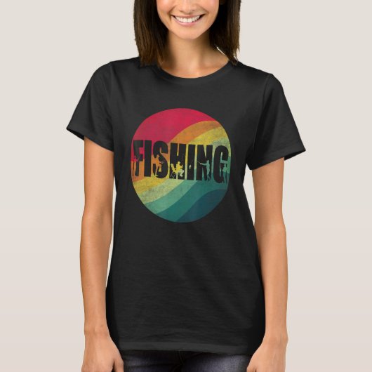 魚釣り文字レトロ漁師用サンセット Tシャツ (正面)