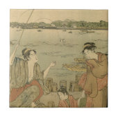 魚釣り日本の木版漁師 タイル (正面)