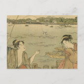 魚釣り日本の木版漁師 ポストカード (正面)