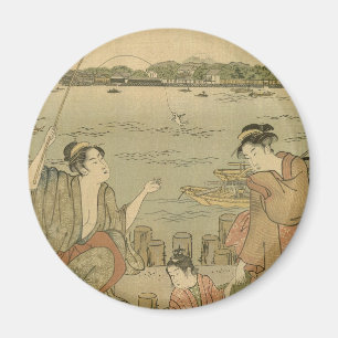 魚釣り日本の木版漁師 マグネット