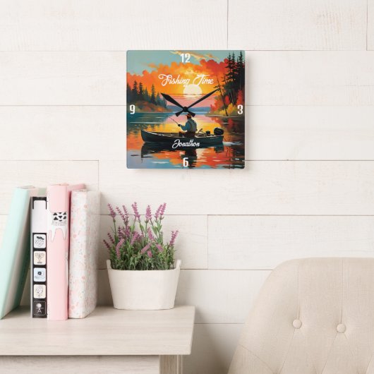魚釣り時リラックス間の魚釣り スクエア壁時計 (読書スペース)