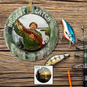 魚釣り最大のキャッチ、2枚の写真 セラミックオーナメント