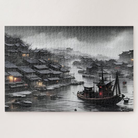 魚釣り村の暗中国の空 ジグソーパズル (横)