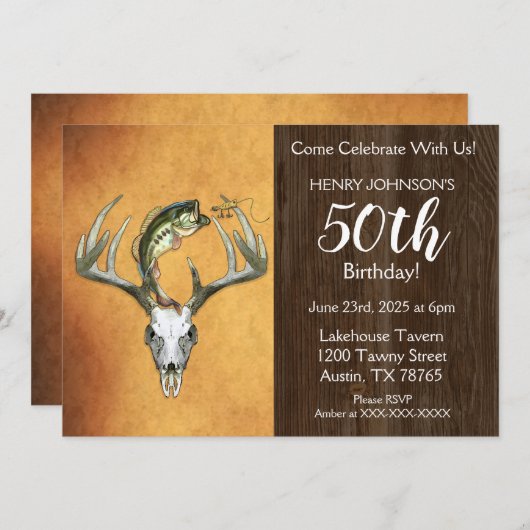 魚釣り狩りテーマ50thバースデーパーティー 招待状 (正面/裏面)