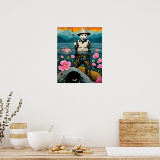 魚釣り猫 ポスター (キッチン)