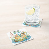 魚釣り第1の誕生日パーティーとケーキデザイン スクエアペーパーコースター (インサイチュ)