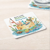 魚釣り第1の誕生日パーティーとケーキデザイン スクエアペーパーコースター (アングル)