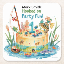 魚釣り第1の誕生日パーティーとケーキデザイン スクエアペーパーコースター