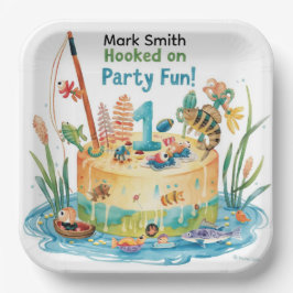 魚釣り第1の誕生日パーティーとケーキデザイン ペーパープレート