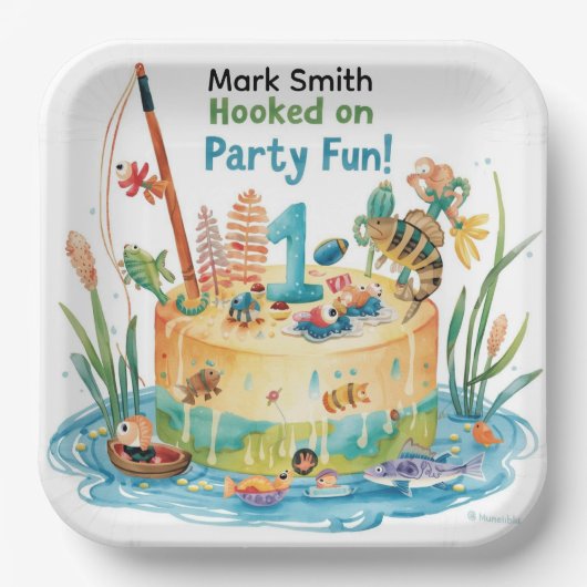 魚釣り第1の誕生日パーティーとケーキデザイン ペーパープレート (正面)