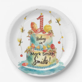 魚釣り第1の誕生日パーティーとケーキデザイン ペーパープレート