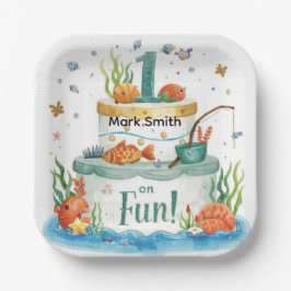 魚釣り第1の誕生日パーティーとケーキデザイン ペーパープレート
