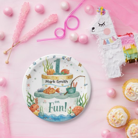 魚釣り第1の誕生日パーティーとケーキデザイン ペーパープレート (パーティー)