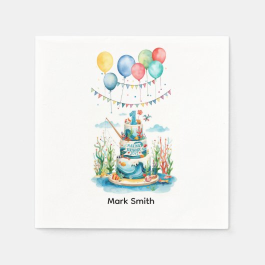 魚釣り第1の誕生日パーティーとケーキ装飾 スタンダードカクテルナプキン (正面)