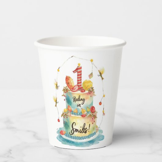 魚釣り第1の誕生日パーティーとケーキ装飾 紙コップ (正面)