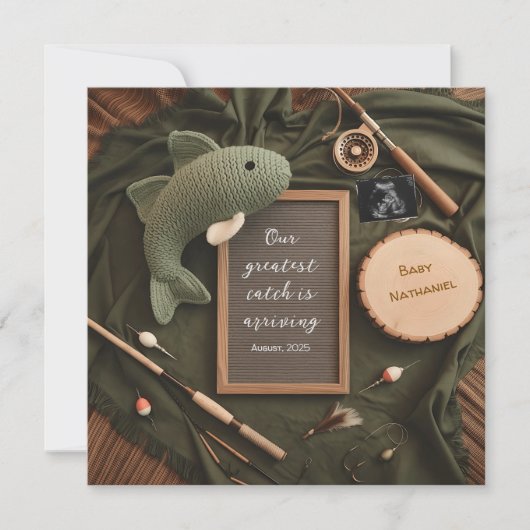 魚釣り素朴をテーマにした妊娠の発表 招待状 (正面)